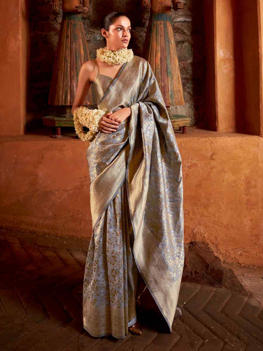 Grey Banarasi Silk  Handwoven Festival Casual Heavy Border Saree