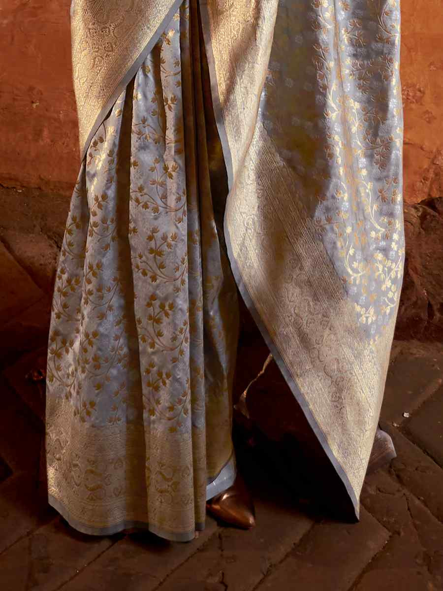 Grey Banarasi Silk  Handwoven Festival Casual Heavy Border Saree