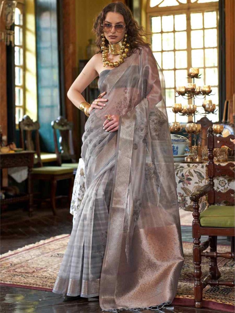 Grey Banarasi Silk Handwoven Festival Casual Heavy Border Saree