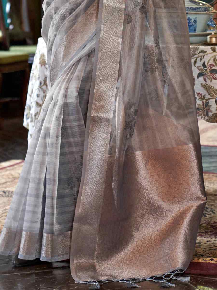 Grey Banarasi Silk Handwoven Festival Casual Heavy Border Saree