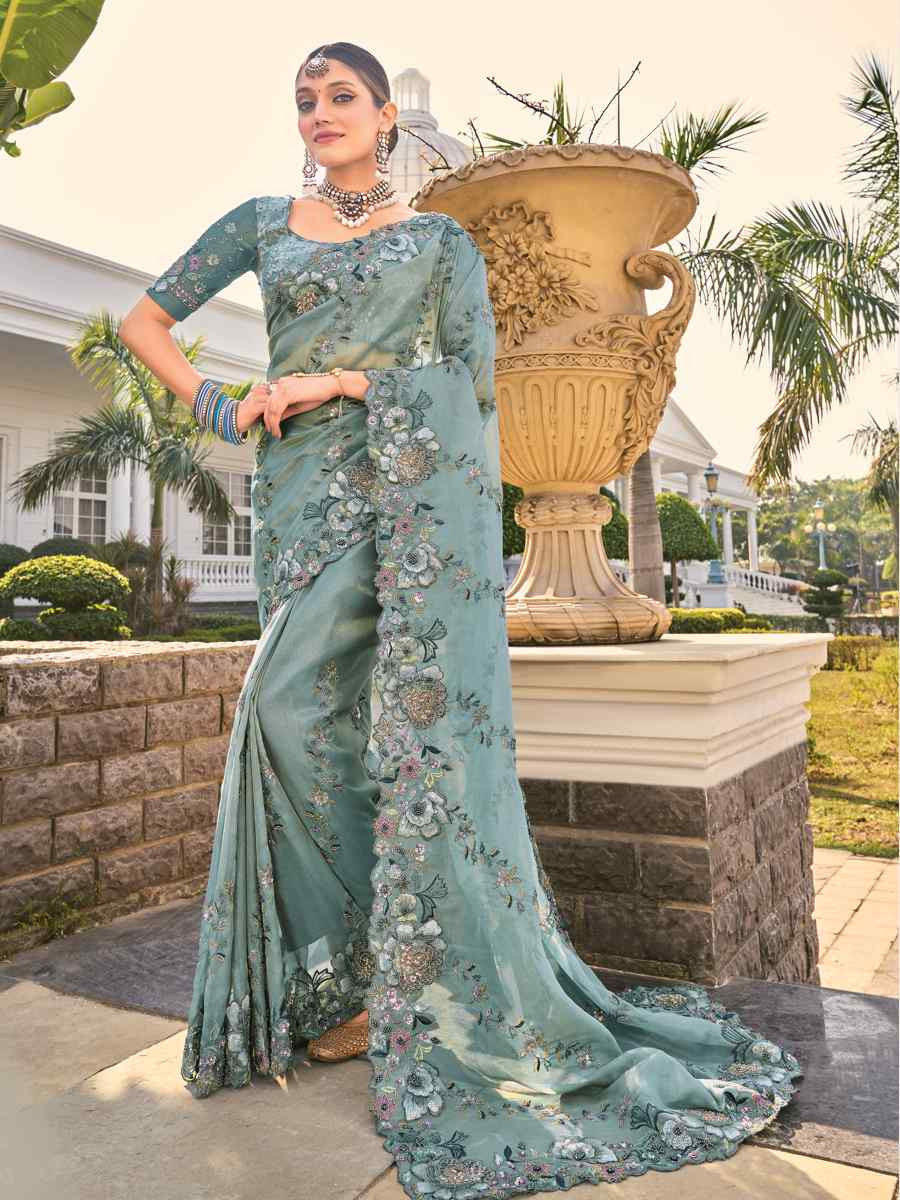 Grey Banarasi Zari  Embroidered Festival Party Classic Style Saree