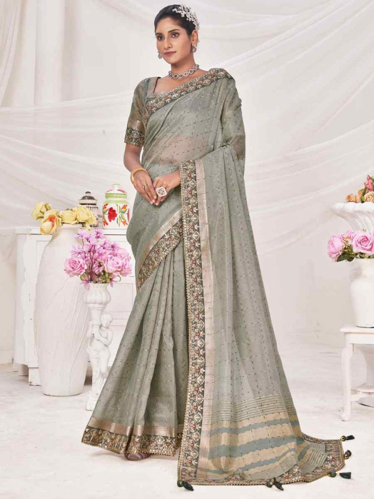 Grey Banarasi Zari Silk Embroidered Wedding Festival Heavy Border Saree