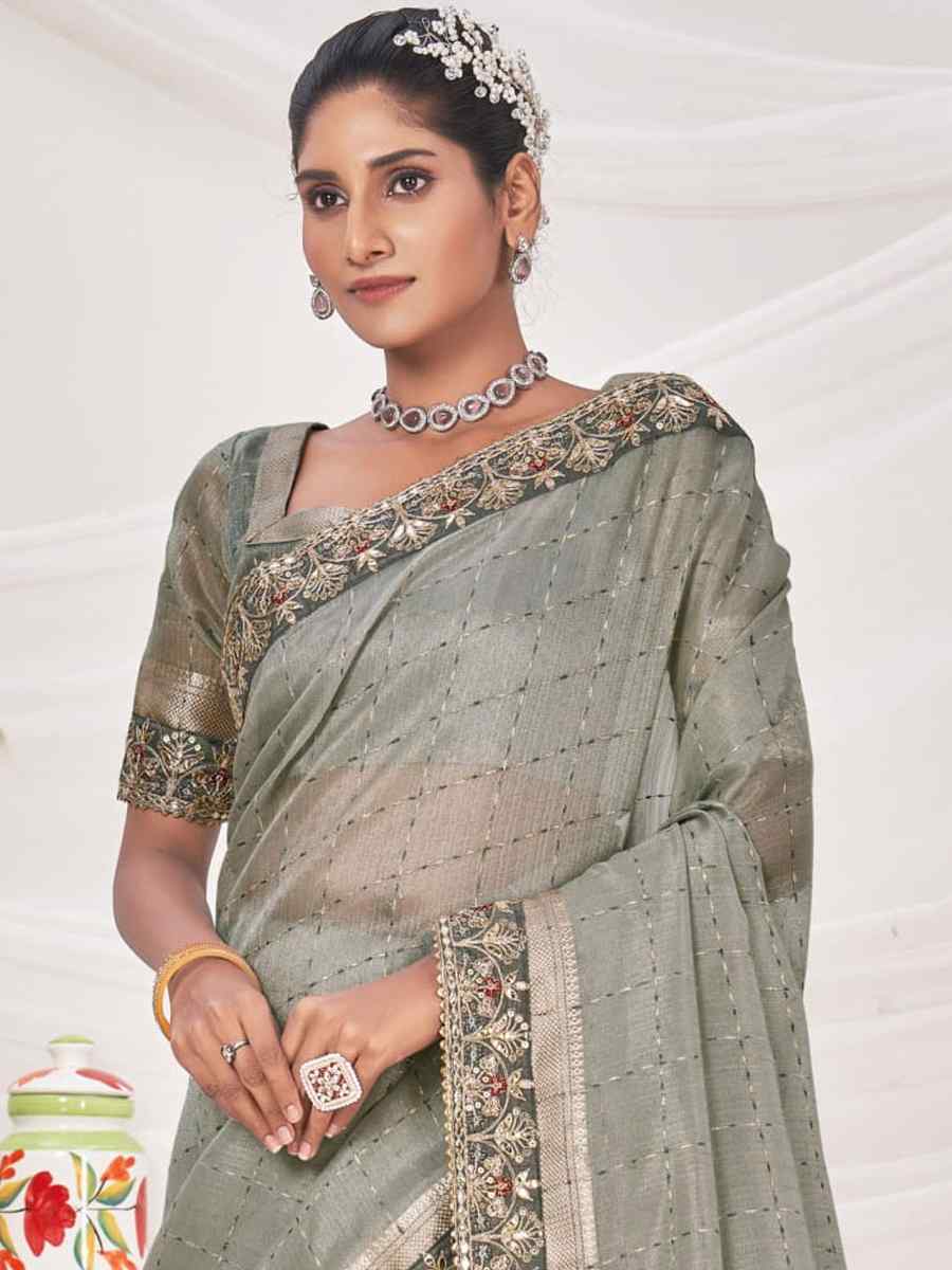 Grey Banarasi Zari Silk Embroidered Wedding Festival Heavy Border Saree