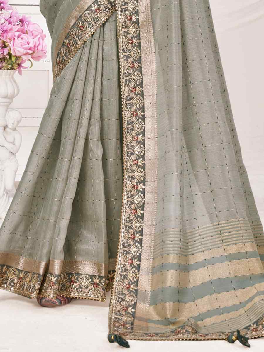 Grey Banarasi Zari Silk Embroidered Wedding Festival Heavy Border Saree