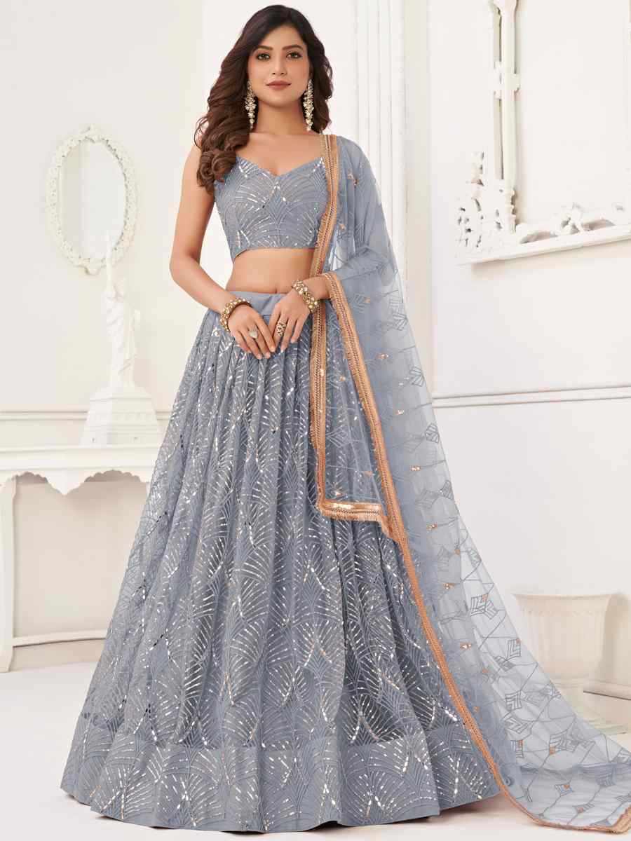 Grey Butterfly Net Embroidered Bridesmaid Wedding Heavy Border Lehenga Choli