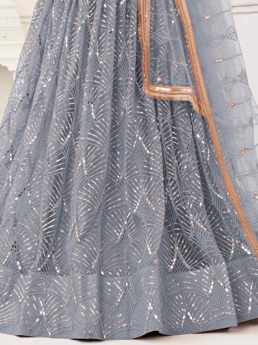 Grey Butterfly Net Embroidered Bridesmaid Wedding Heavy Border Lehenga Choli