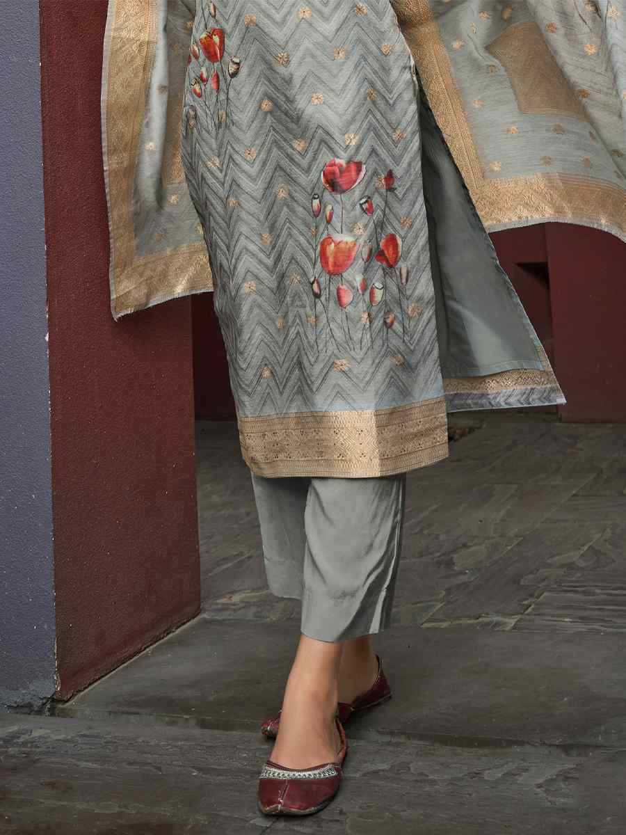 Grey Chanderi Jacquard Embroidered Festival Wedding Anarkali Salwar Kameez