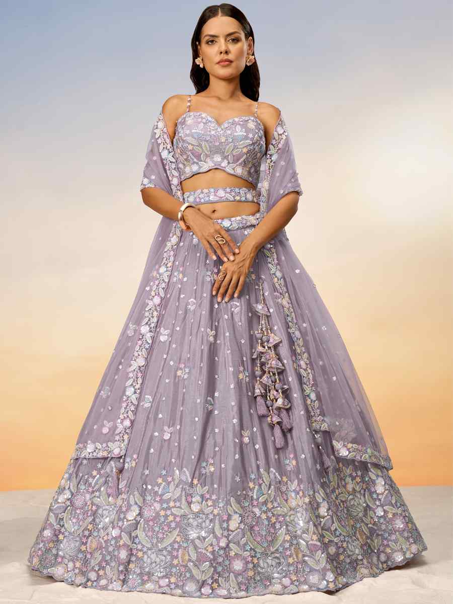 Grey Chiffon Embroidery Reception Party Wear Heavy Border Lehenga Choli