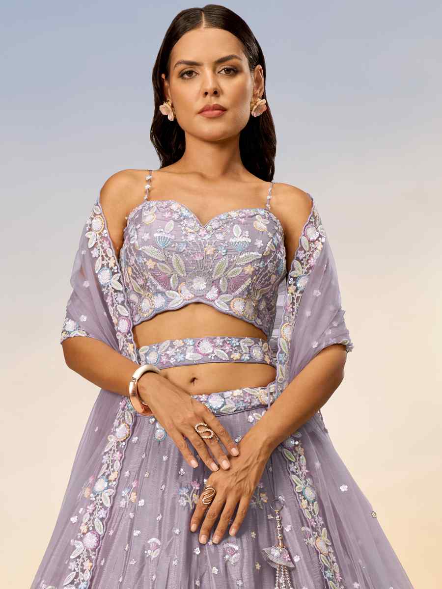 Grey Chiffon Embroidery Reception Party Wear Heavy Border Lehenga Choli