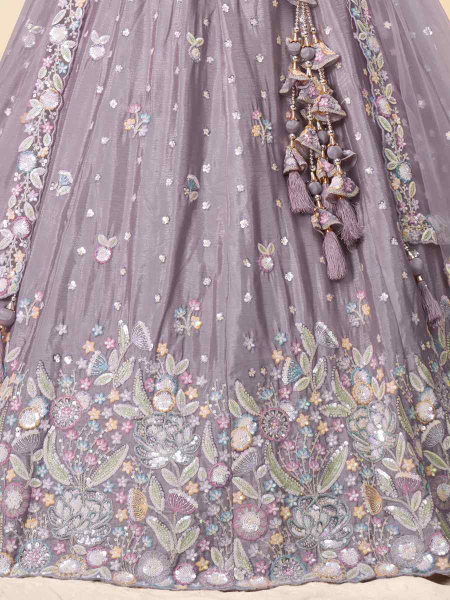 Grey Chiffon Embroidery Reception Party Wear Heavy Border Lehenga Choli