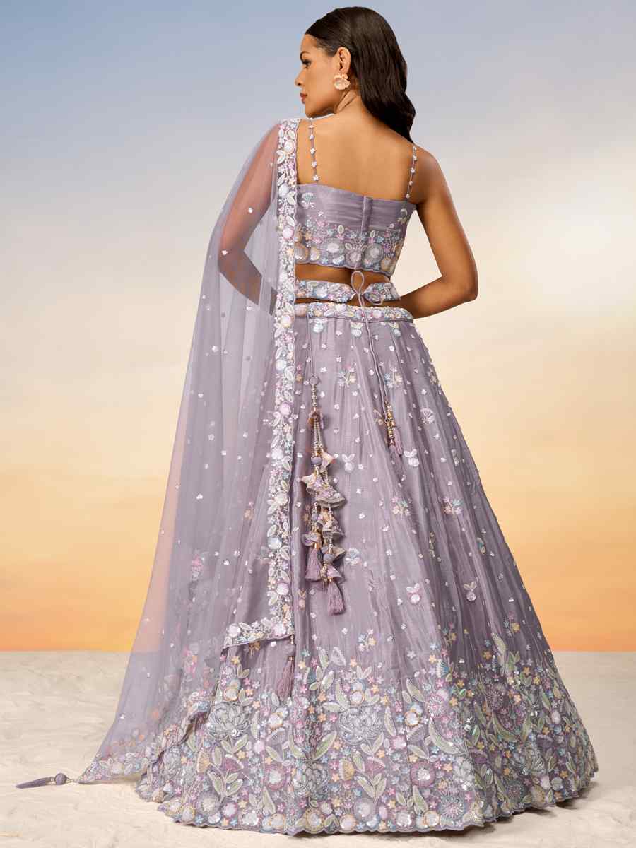 Grey Chiffon Embroidery Reception Party Wear Heavy Border Lehenga Choli