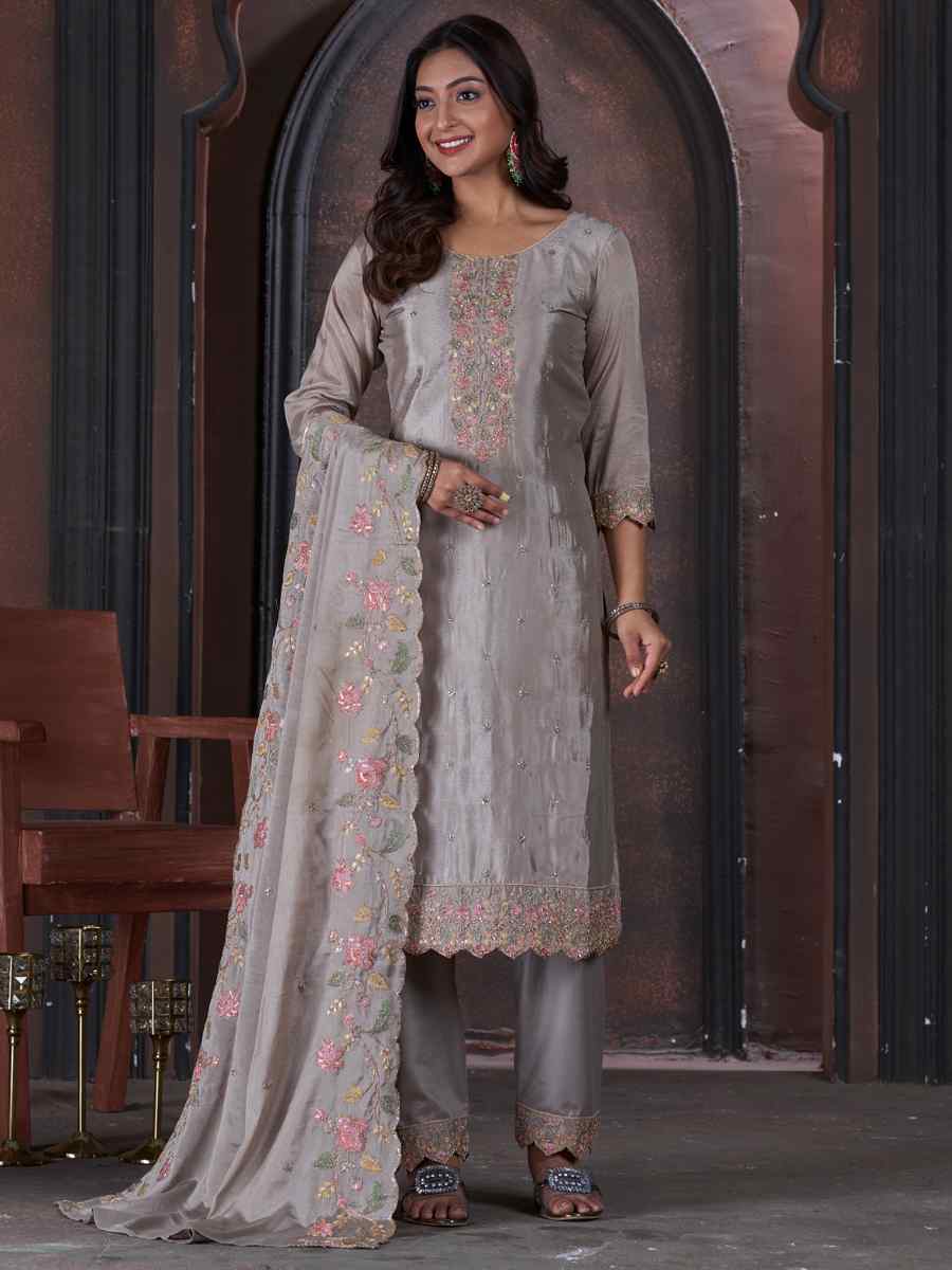 Grey Chinon Embroidered Festival Mehendi Pant Salwar Kameez