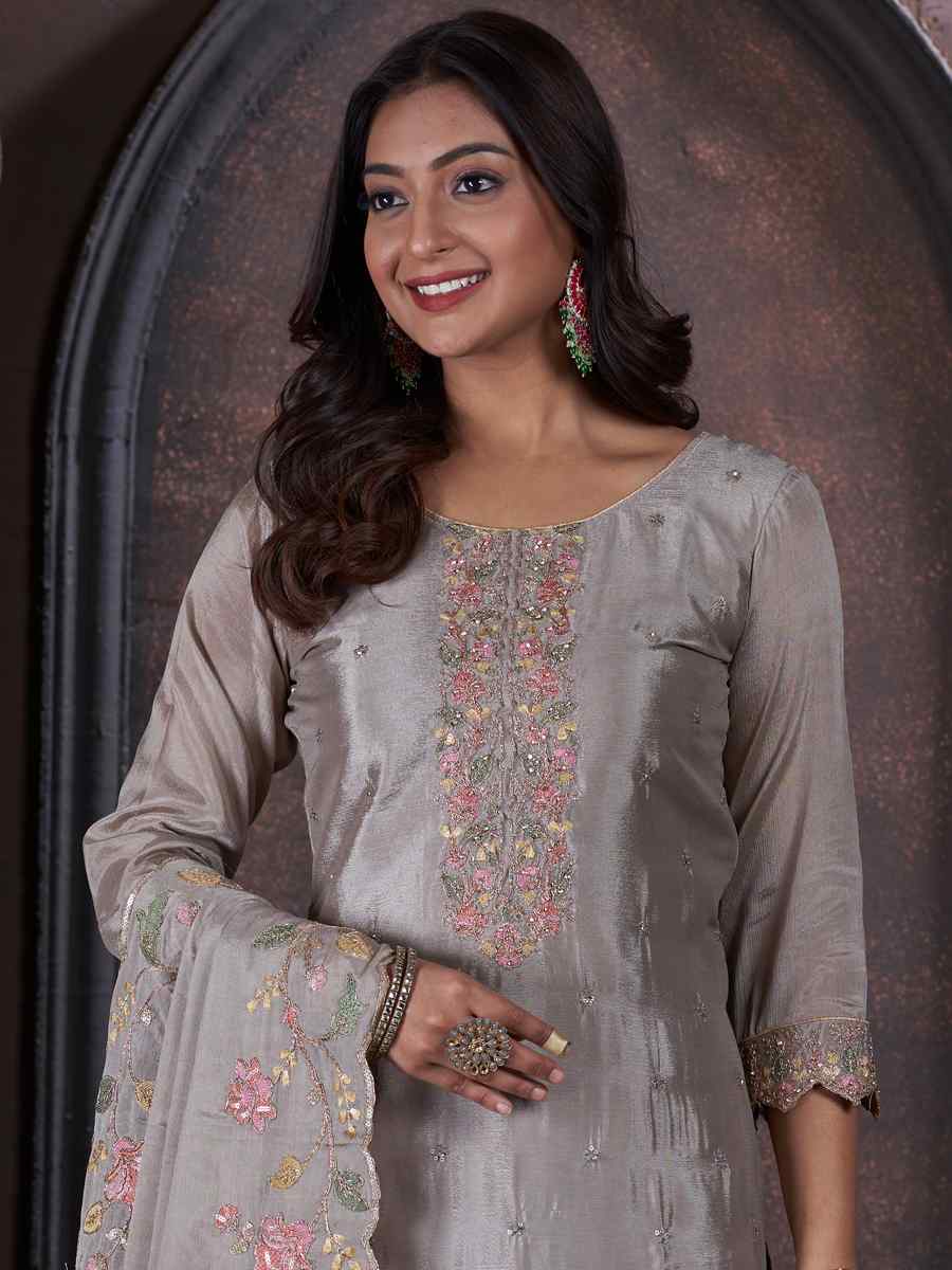 Grey Chinon Embroidered Festival Mehendi Pant Salwar Kameez