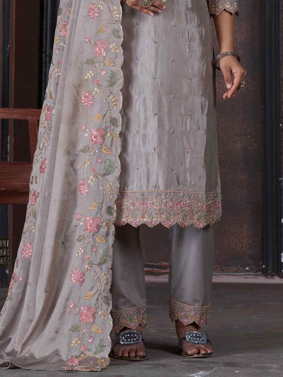 Grey Chinon Embroidered Festival Mehendi Pant Salwar Kameez