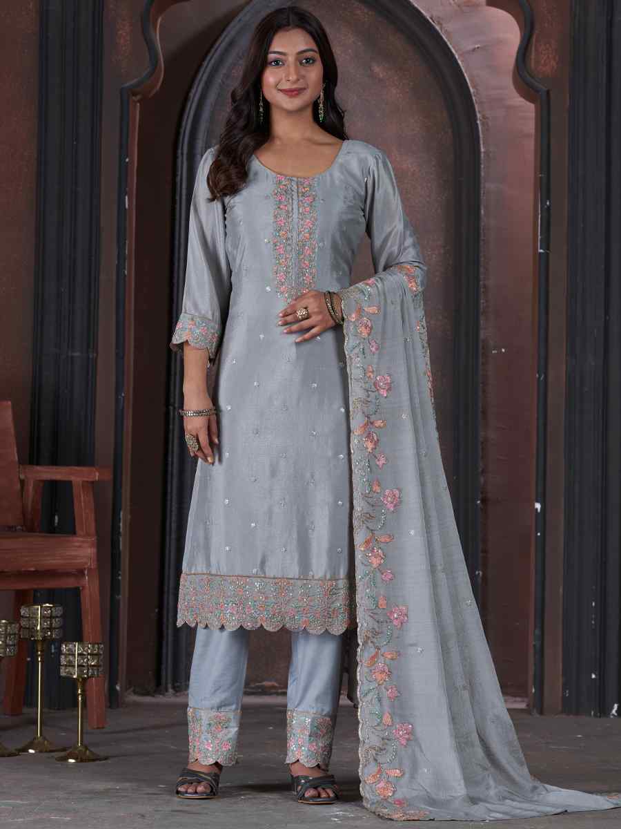 Grey Chinon Embroidered Festival Mehendi Pant Salwar Kameez