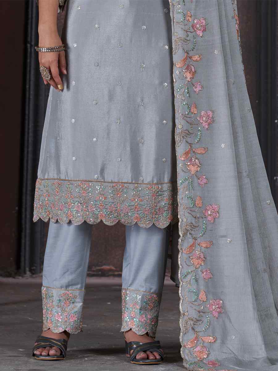 Grey Chinon Embroidered Festival Mehendi Pant Salwar Kameez