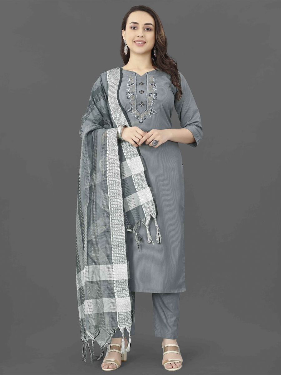 Grey Cotton Blend Handwoven Festival Casual Ready Pant Salwar Kameez