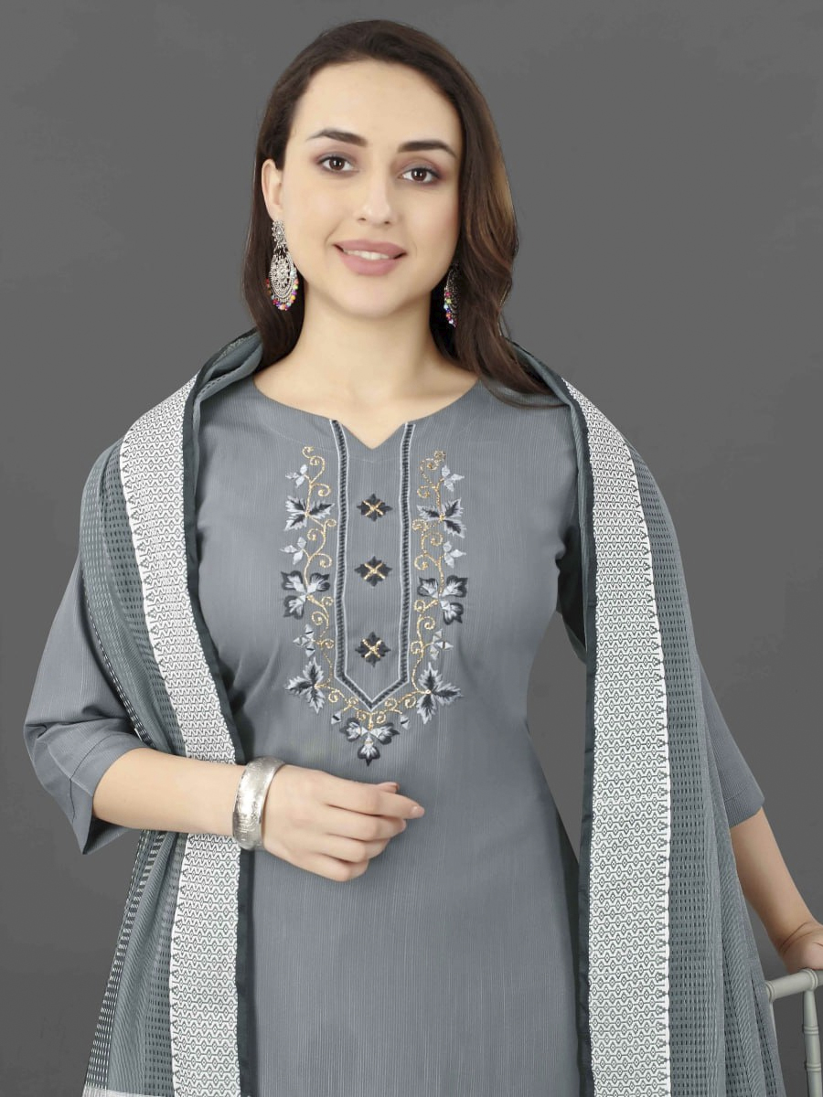 Grey Cotton Blend Handwoven Festival Casual Ready Pant Salwar Kameez