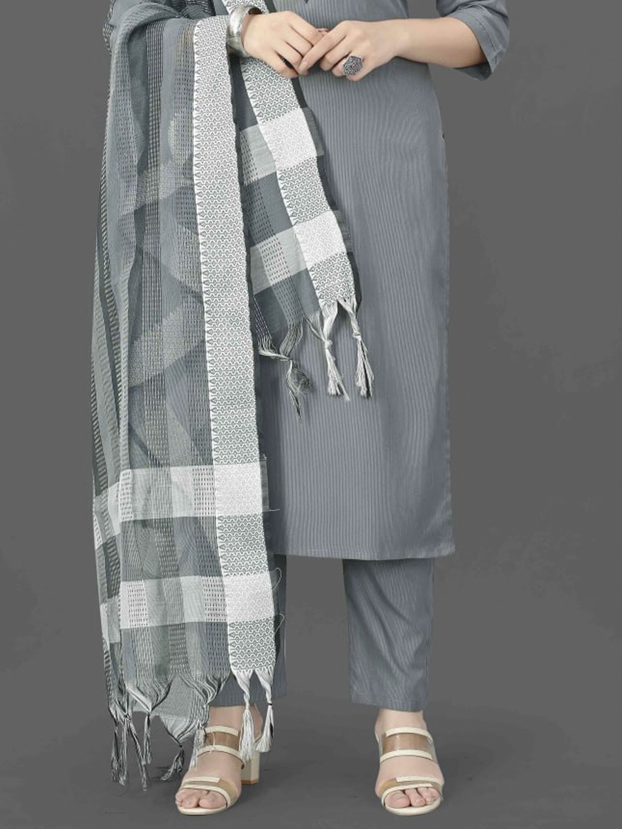 Grey Cotton Blend Handwoven Festival Casual Ready Pant Salwar Kameez