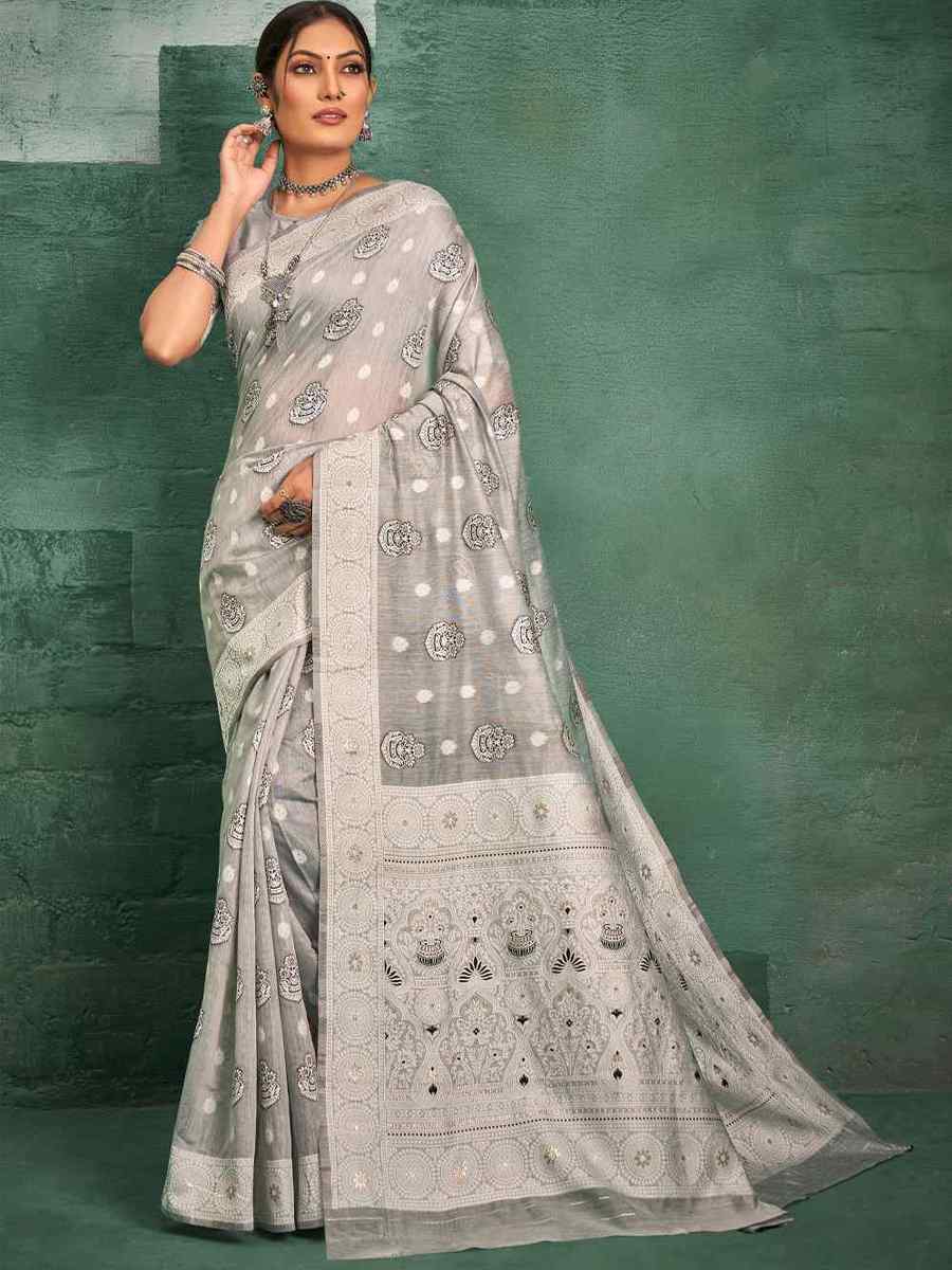 Grey Cotton Handwoven Wedding Festival Heavy Border Saree