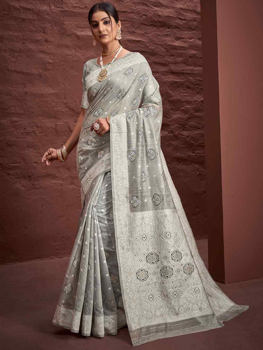 Grey Cotton Handwoven Wedding Festival Heavy Border Saree