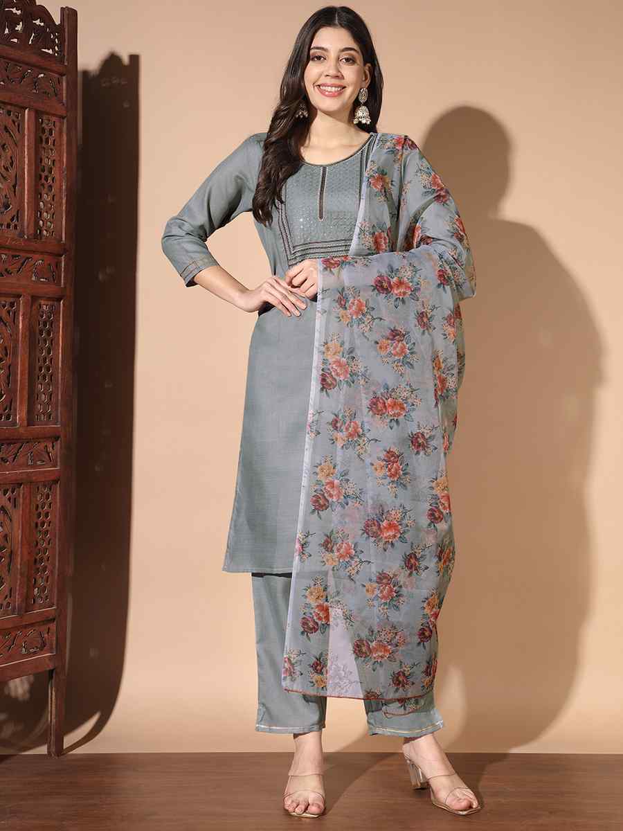 Grey Cotton Printed Festival Casual Ready Pant Salwar Kameez