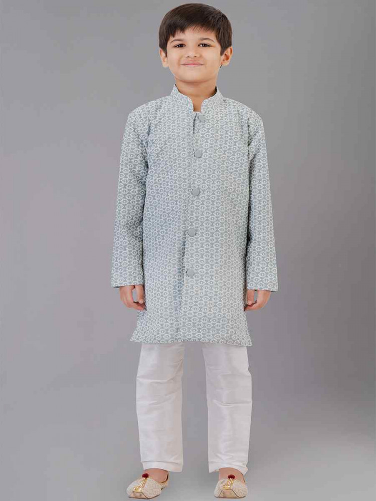 Grey Cotton Silk Embroidered Festival Traditional Kurta Pyjama Boys Wear