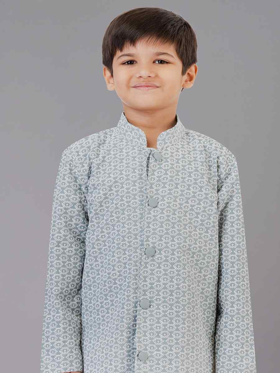 Grey Cotton Silk Embroidered Festival Traditional Kurta Pyjama Boys Wear