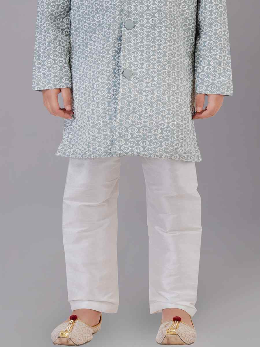 Grey Cotton Silk Embroidered Festival Traditional Kurta Pyjama Boys Wear