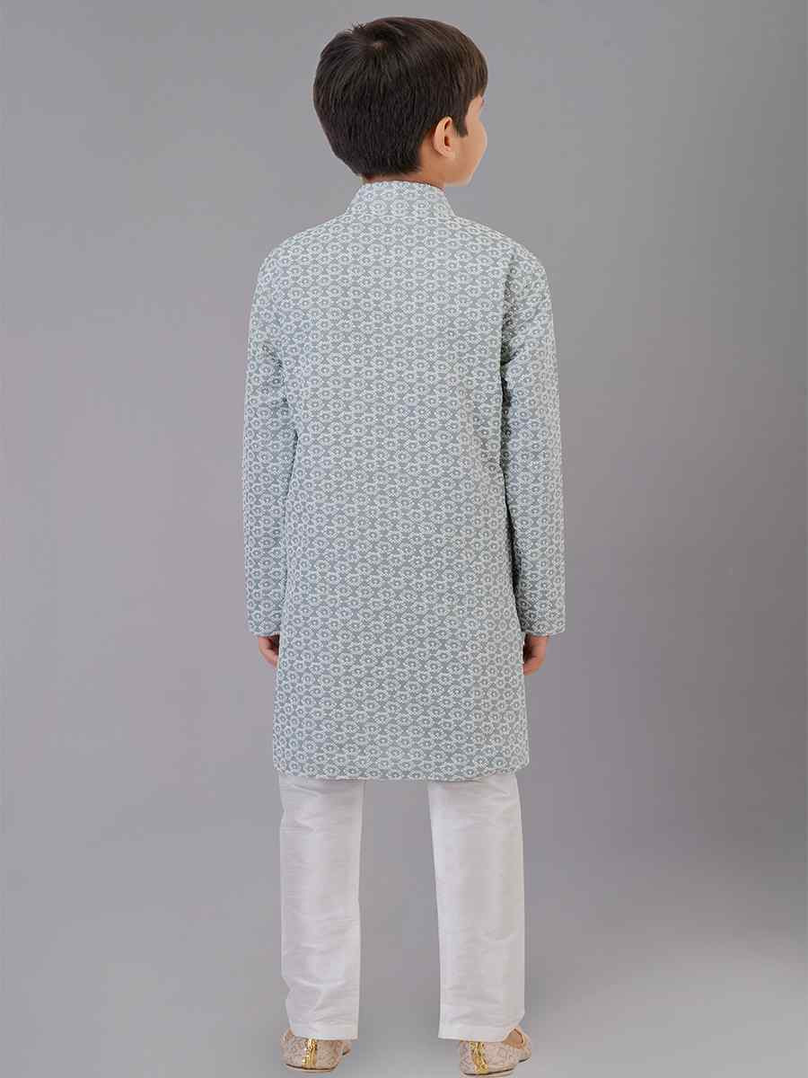 Grey Cotton Silk Embroidered Festival Traditional Kurta Pyjama Boys Wear