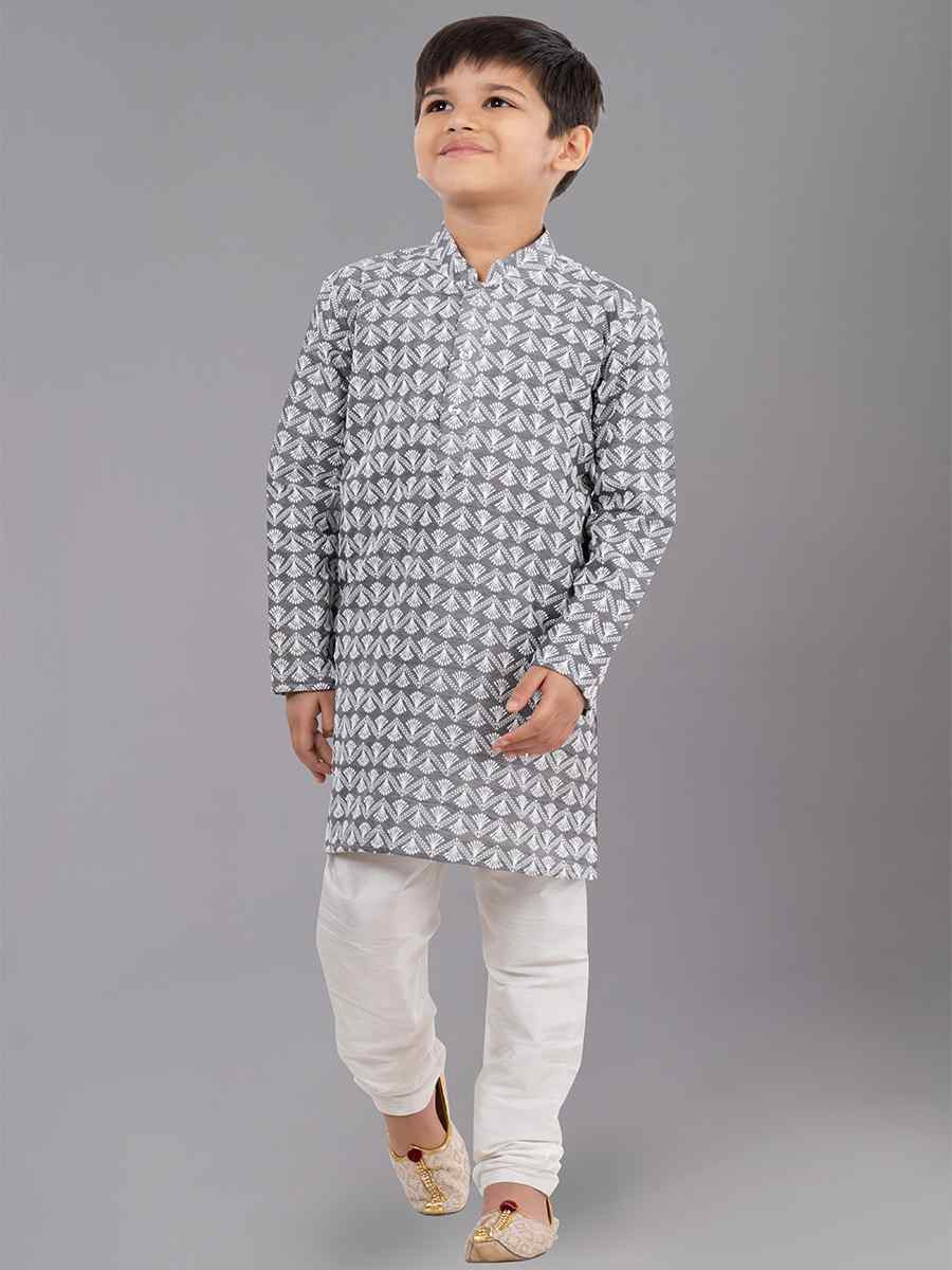 Grey Cotton Silk Embroidered Festival Traditional Kurta Pyjama Boys Wear