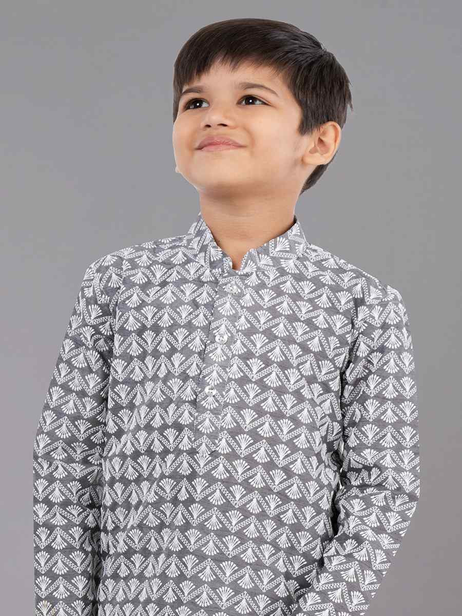 Grey Cotton Silk Embroidered Festival Traditional Kurta Pyjama Boys Wear