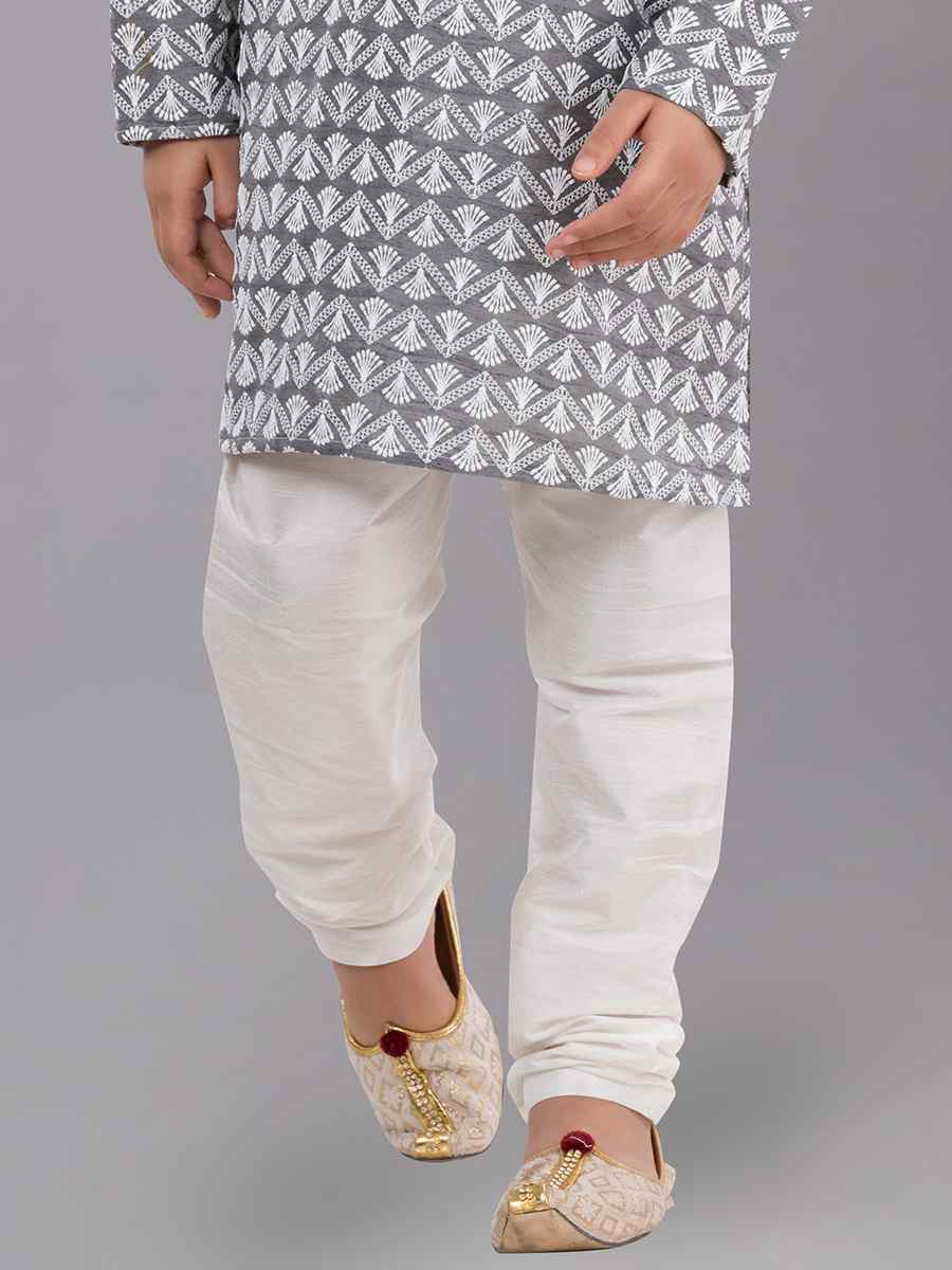 Grey Cotton Silk Embroidered Festival Traditional Kurta Pyjama Boys Wear