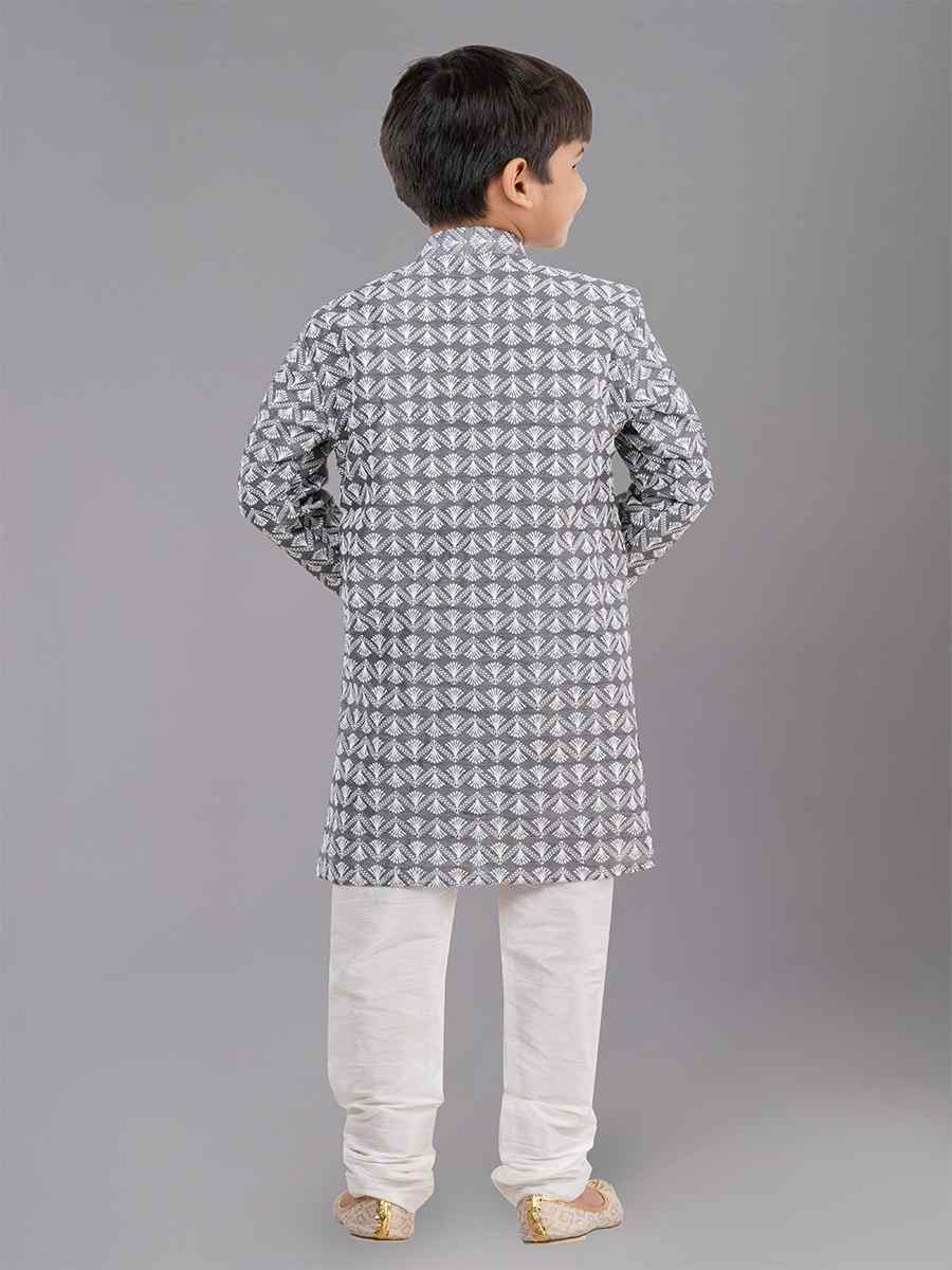 Grey Cotton Silk Embroidered Festival Traditional Kurta Pyjama Boys Wear