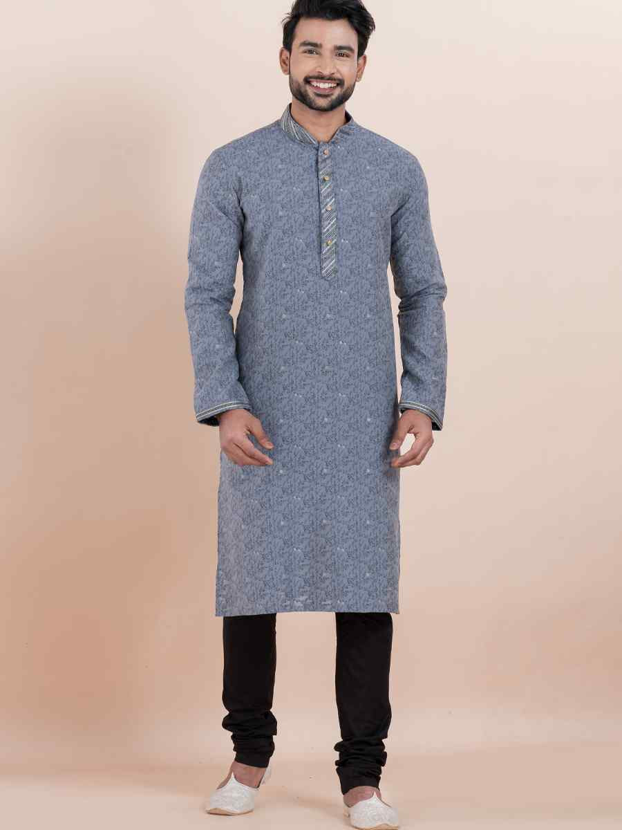 Grey Cotton Silk Jacquard Embroidered Festival Wedding Kurta Pyjama Men's Wear