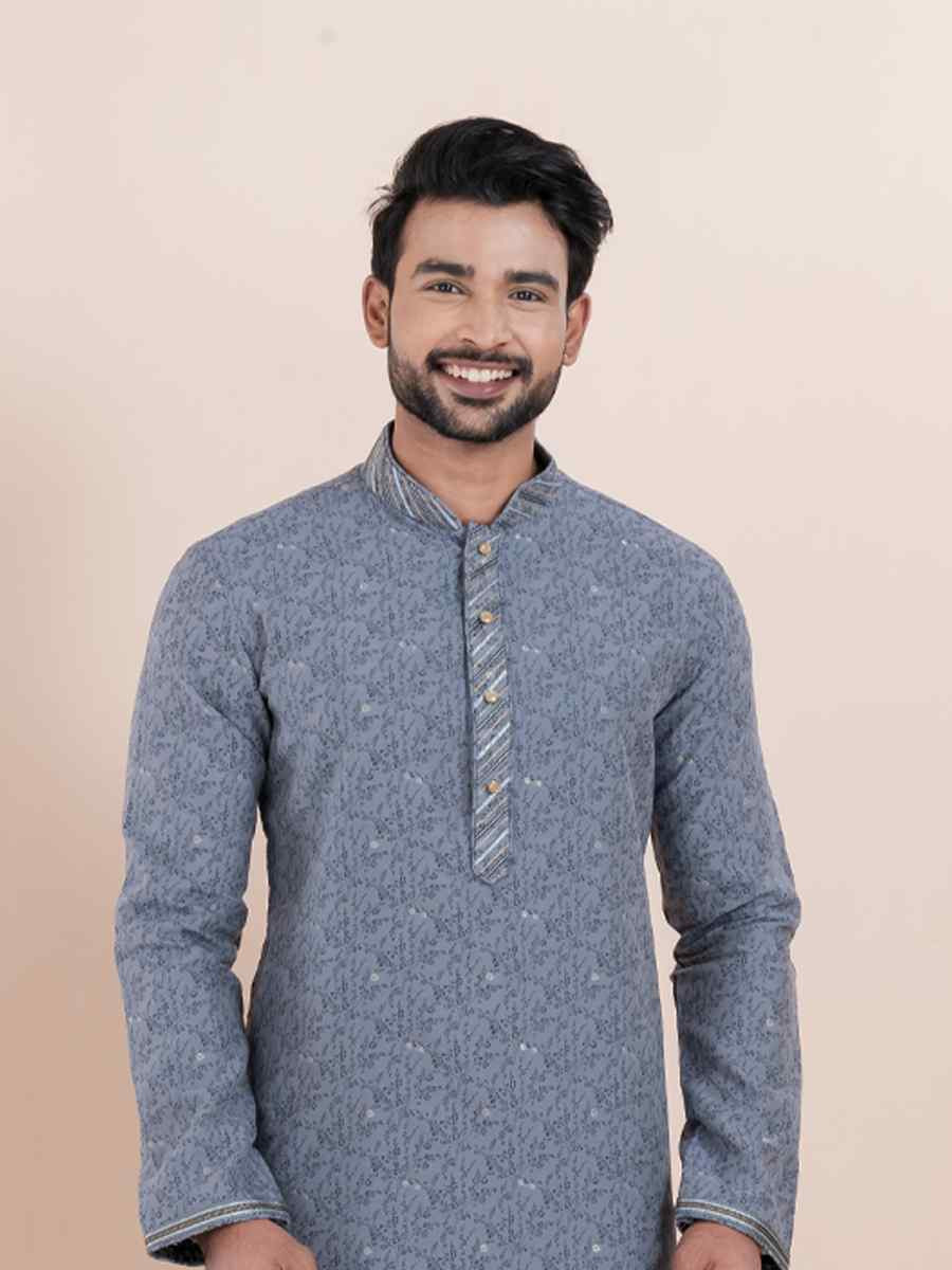 Grey Cotton Silk Jacquard Embroidered Festival Wedding Kurta Pyjama Men's Wear