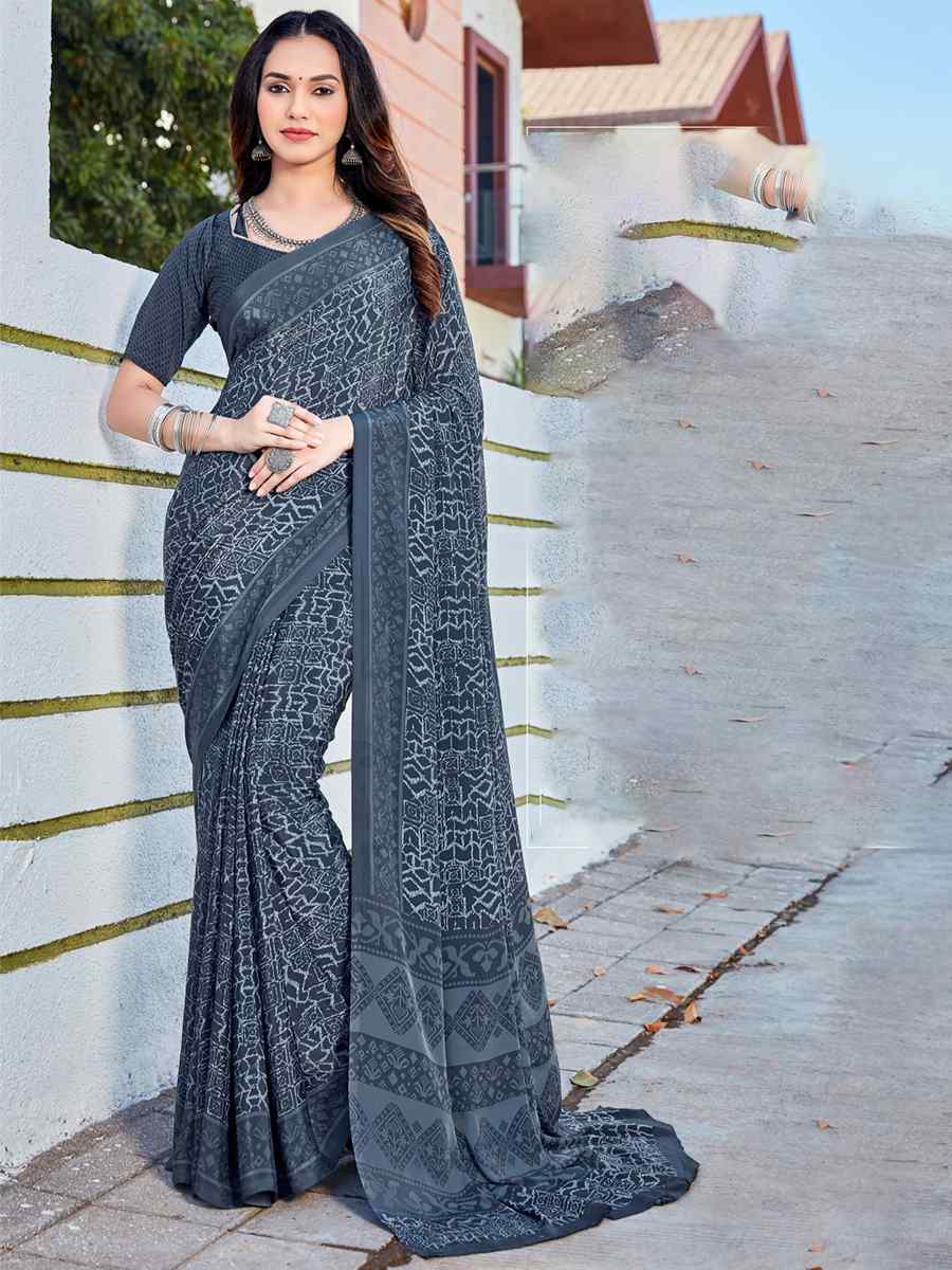 Grey Crepe Printed Casual Festival Contemporary Saree