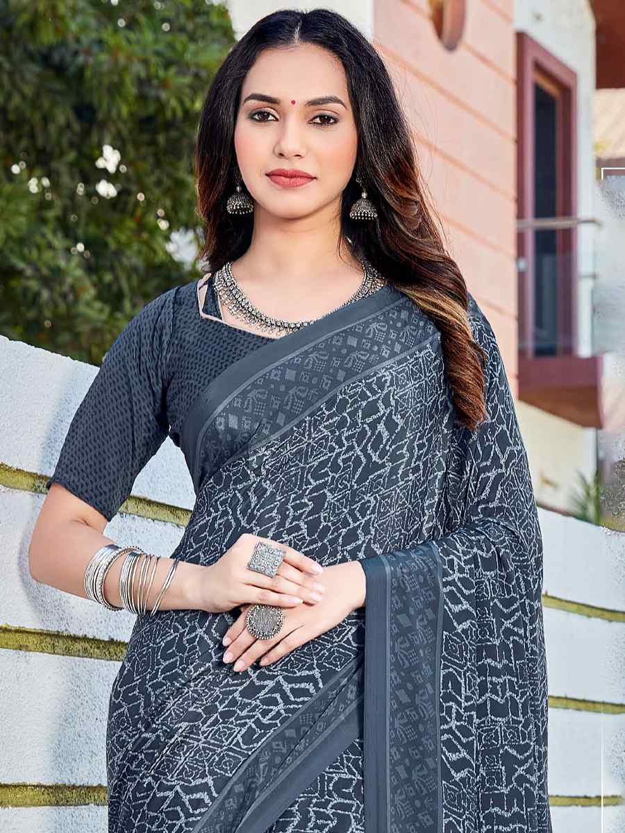 Grey Crepe Printed Casual Festival Contemporary Saree