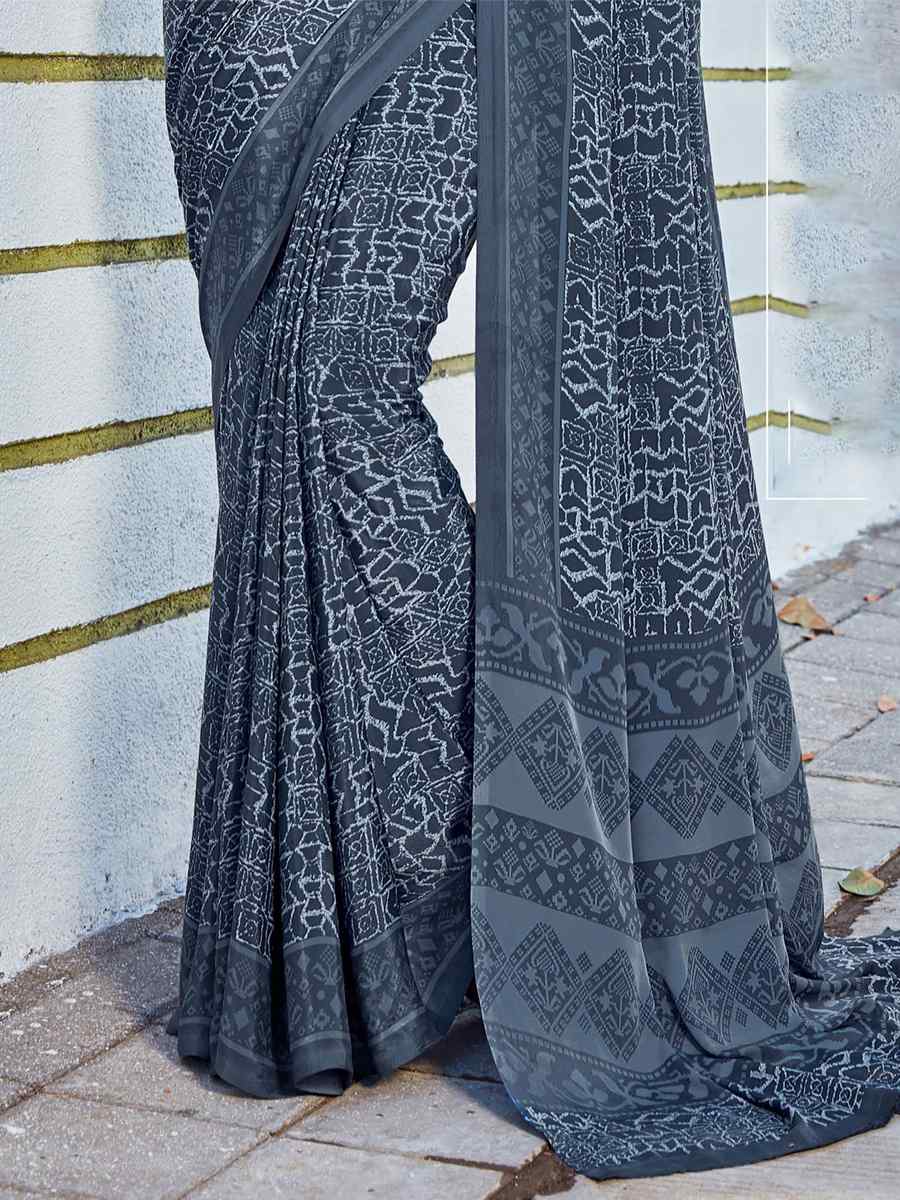 Grey Crepe Printed Casual Festival Contemporary Saree