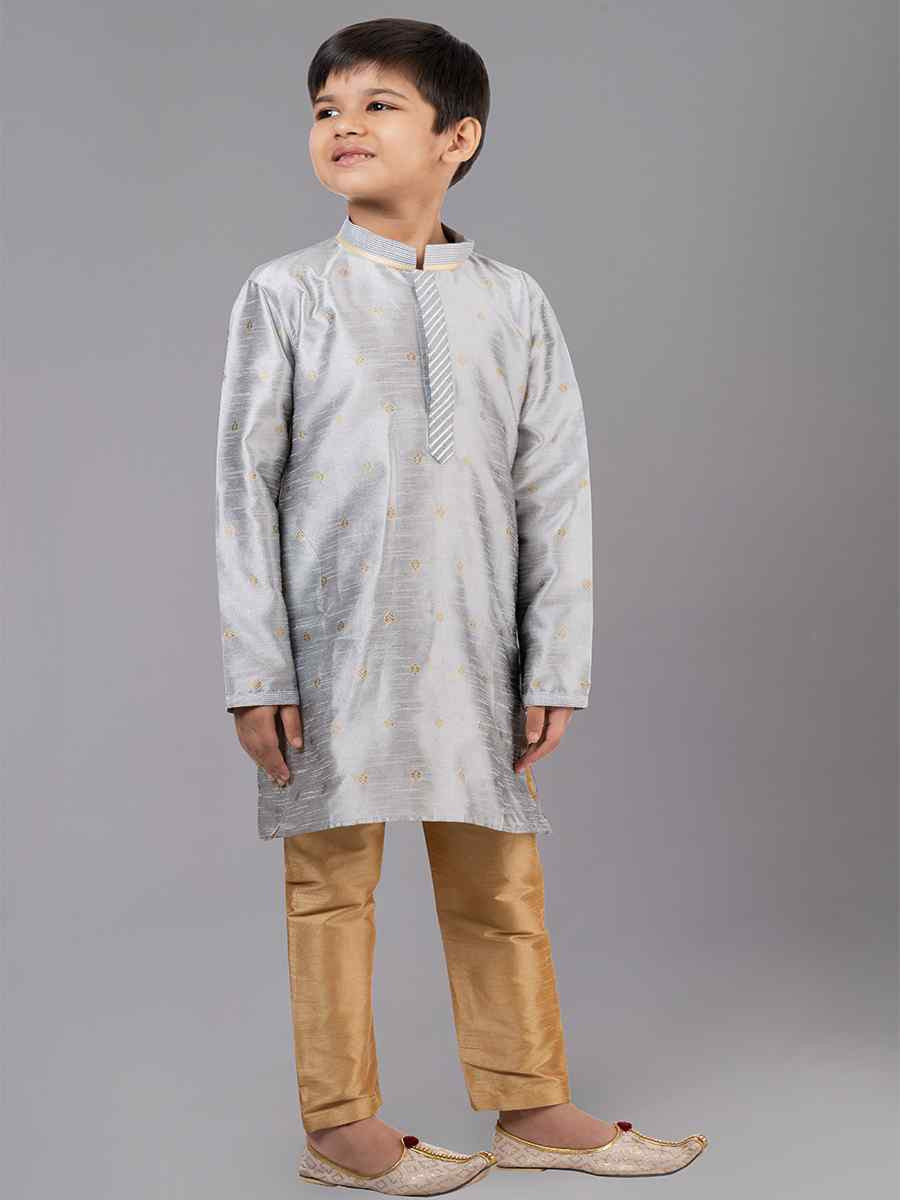 Grey Dhupion Silk With  Jacquard  Embroidered Festival Traditional Kurta Pyjama Boys Wear