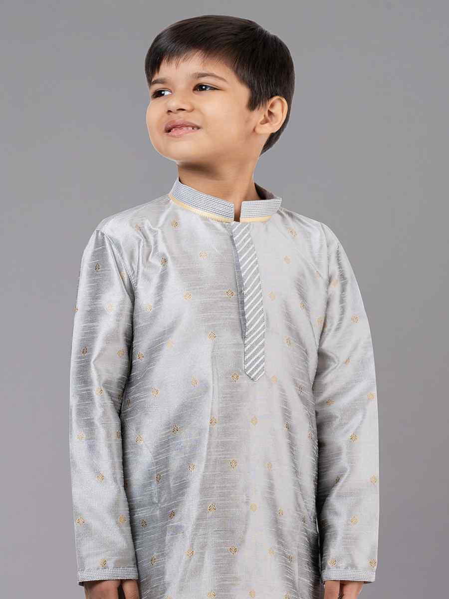 Grey Dhupion Silk With  Jacquard  Embroidered Festival Traditional Kurta Pyjama Boys Wear