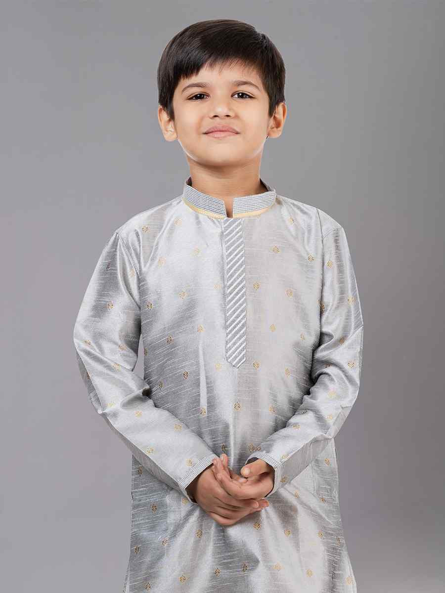 Grey Dhupion Silk With  Jacquard  Embroidered Festival Traditional Kurta Pyjama Boys Wear