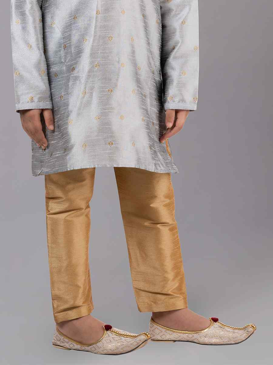 Grey Dhupion Silk With  Jacquard  Embroidered Festival Traditional Kurta Pyjama Boys Wear