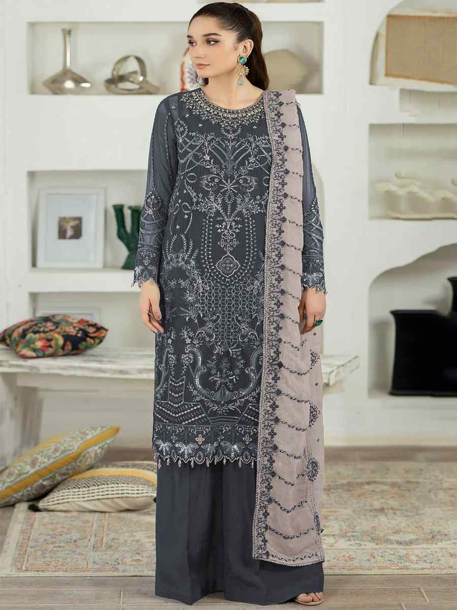 Grey Faux Georgette Embroidered Festival Casual Palazzo Pant Salwar Kameez