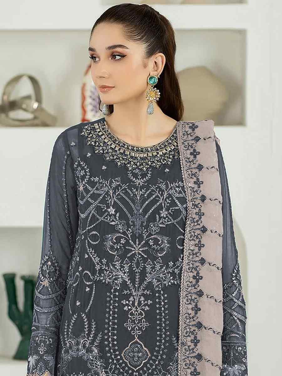 Grey Faux Georgette Embroidered Festival Casual Palazzo Pant Salwar Kameez