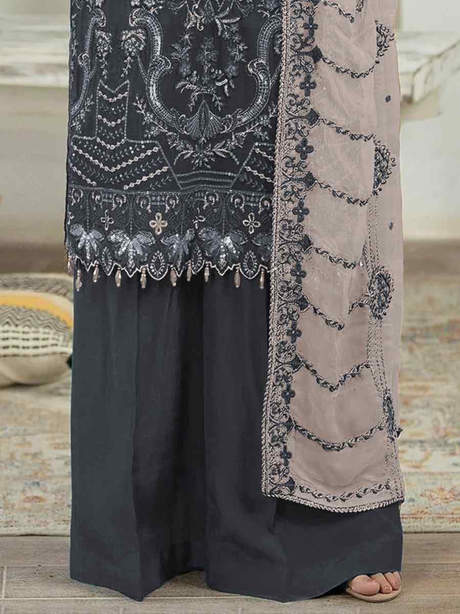 Grey Faux Georgette Embroidered Festival Casual Palazzo Pant Salwar Kameez