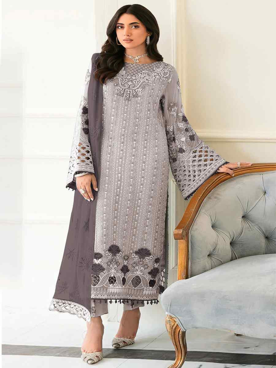 Grey Faux Georgette Embroidered Festival Casual Pant Salwar Kameez