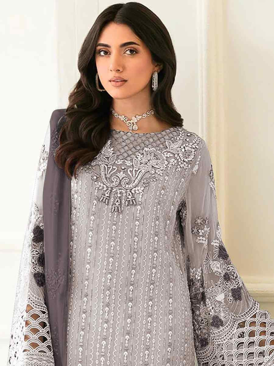 Grey Faux Georgette Embroidered Festival Casual Pant Salwar Kameez