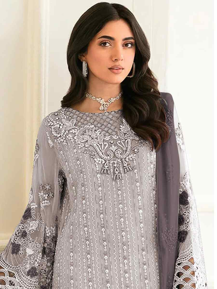 Grey Faux Georgette Embroidered Festival Casual Pant Salwar Kameez