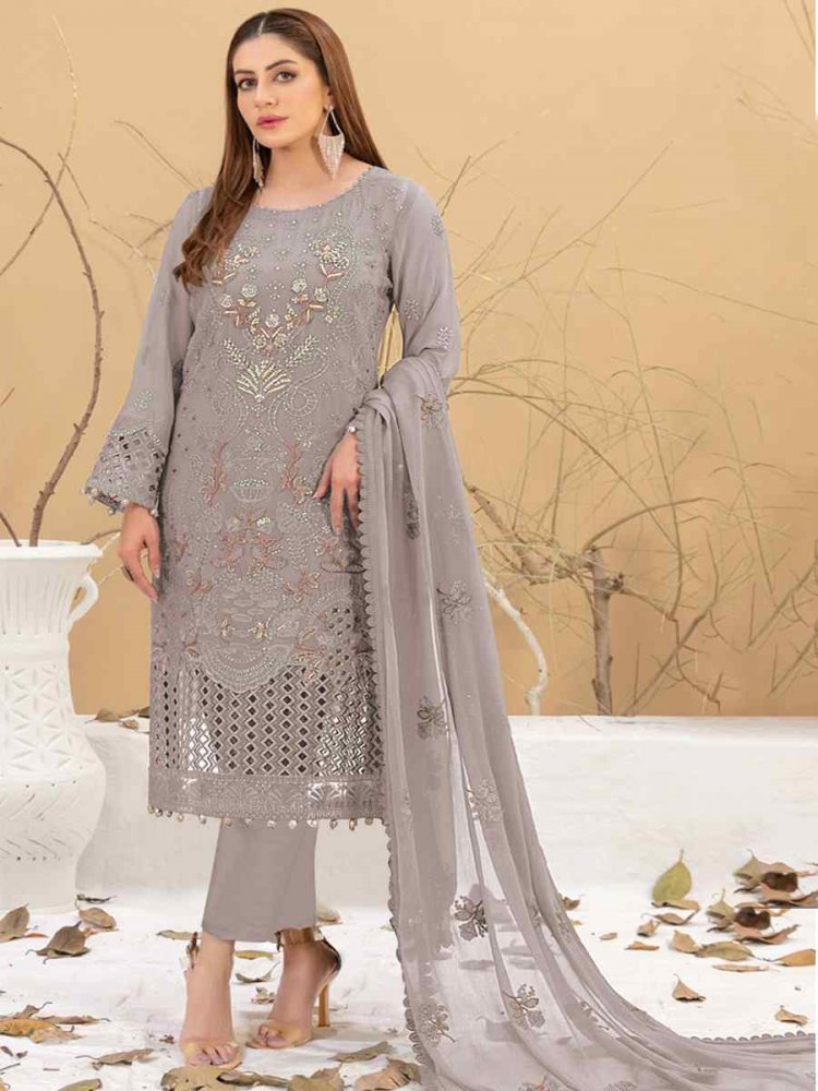 Grey Faux Georgette Embroidered Festival Casual Pant Salwar Kameez